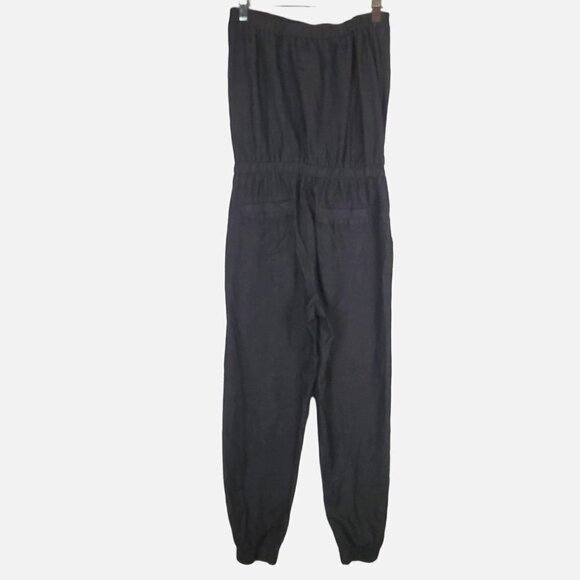 579 Small Strapless black Denim Jumpsuit Lightweight‎ Faux Buttons Jogger Pullon - Picture 2 of 11